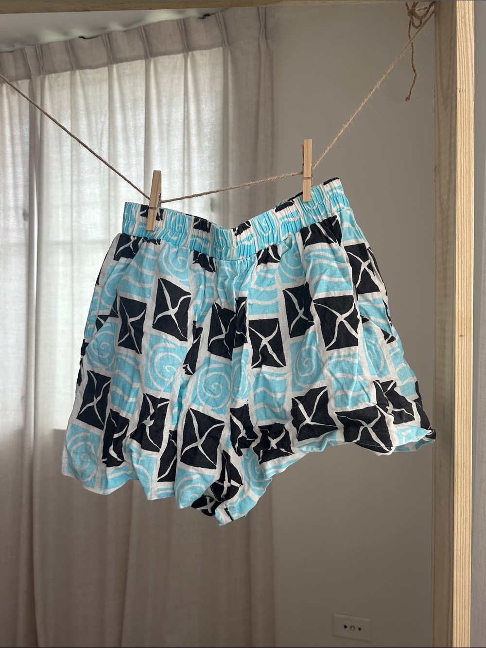 Light Blue & Black Patterned Athletic Shorts with Elastic Waist